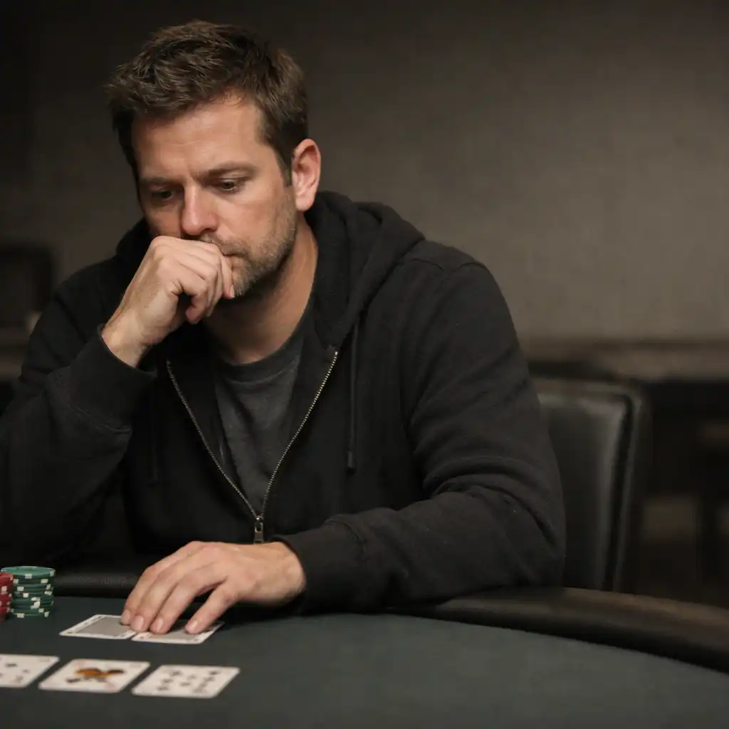 Hráč přemýšlející u pokerového stolu